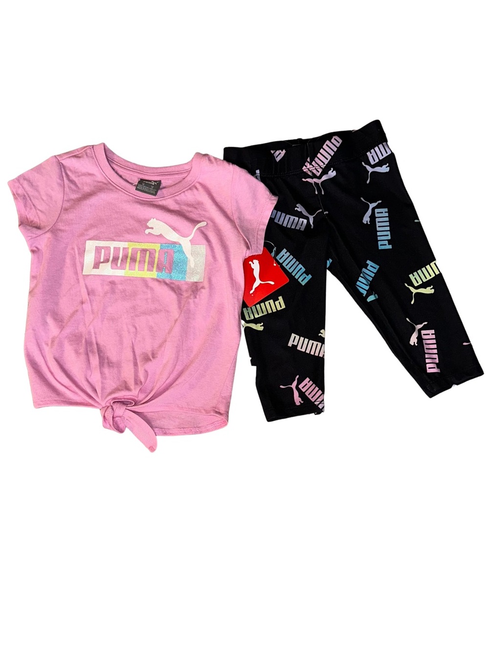 Puma Pink Tie-Front Top with Black Logo Print Leggings Set